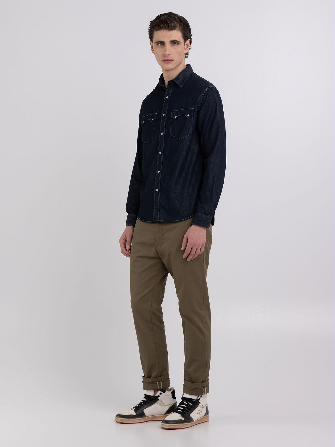 Khaki shirt shop black jeans