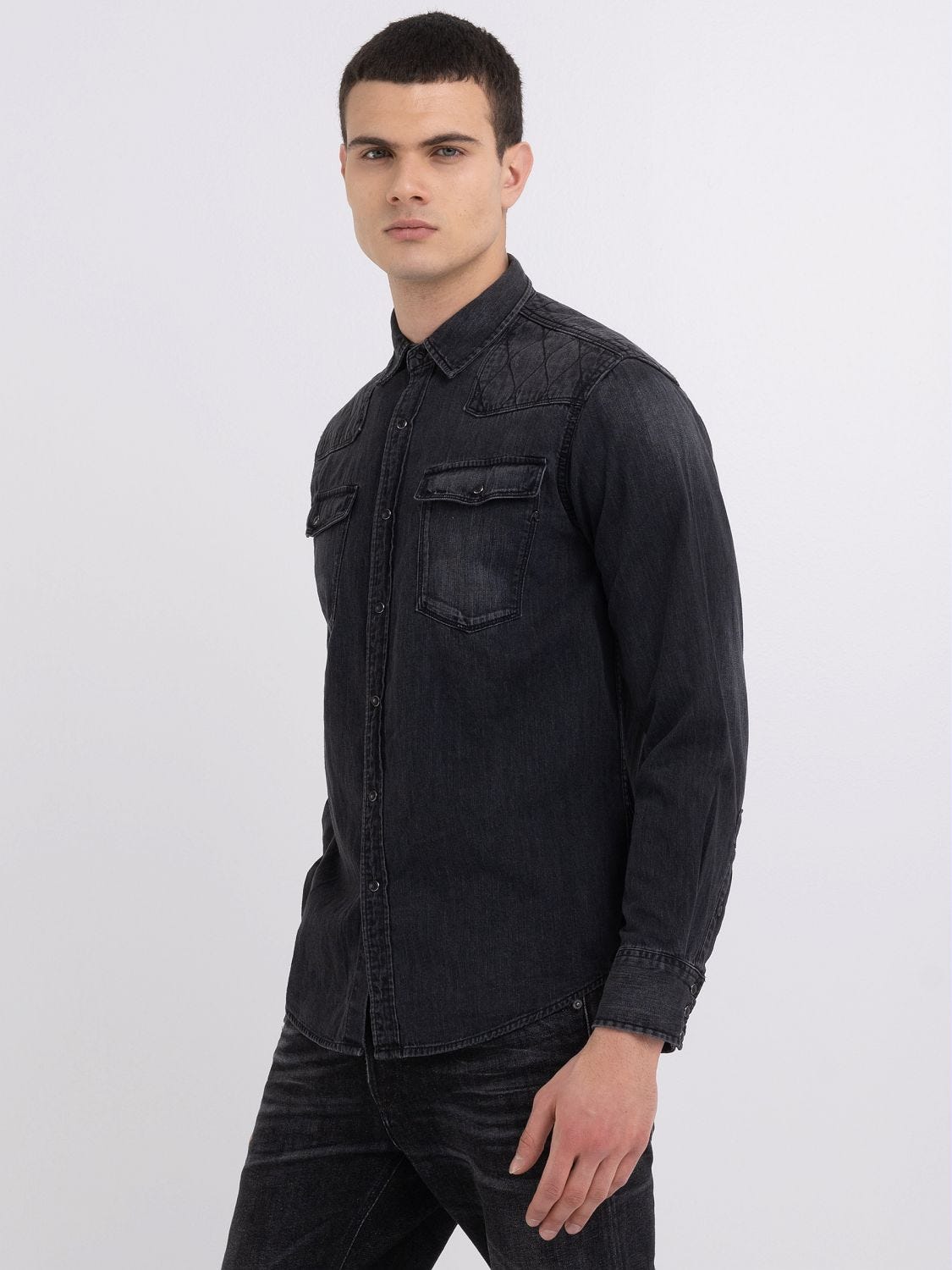 Mens black denim cheap western shirt