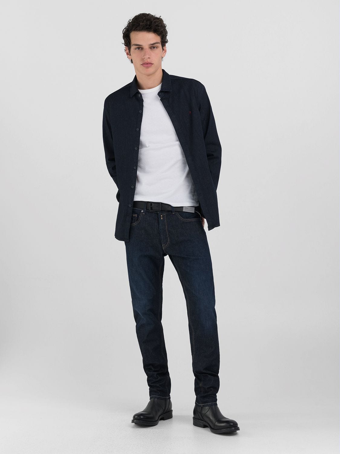 Black denim shirt with blue jeans on sale