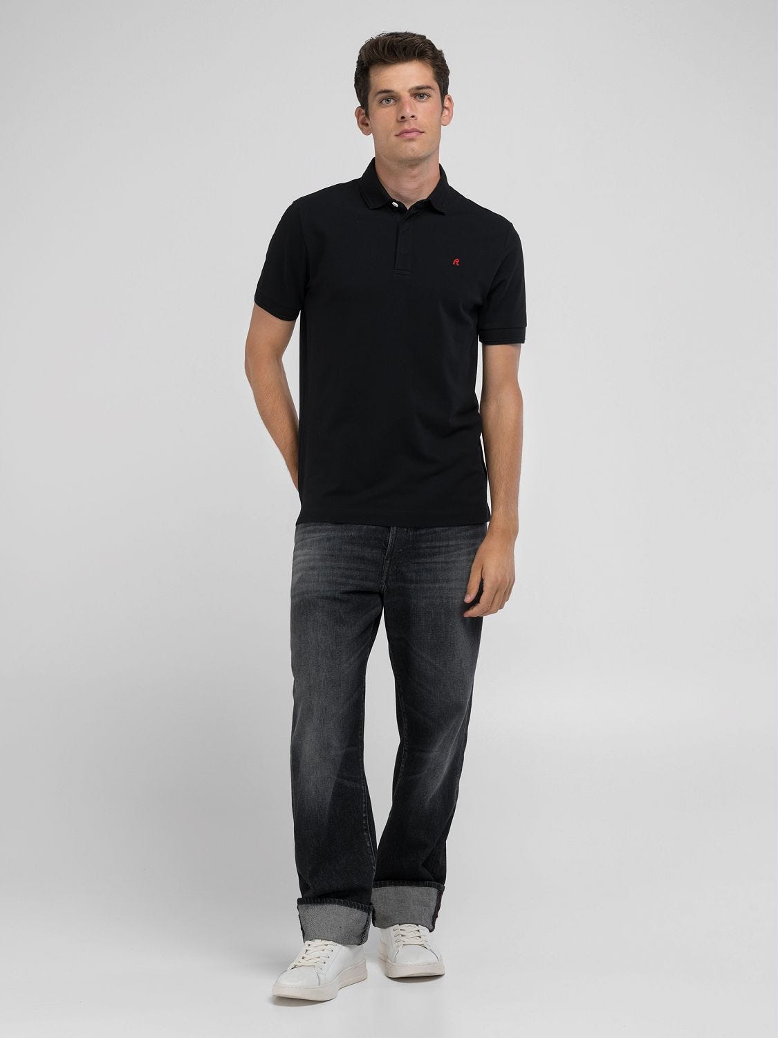 Black polo shirt and jeans clearance