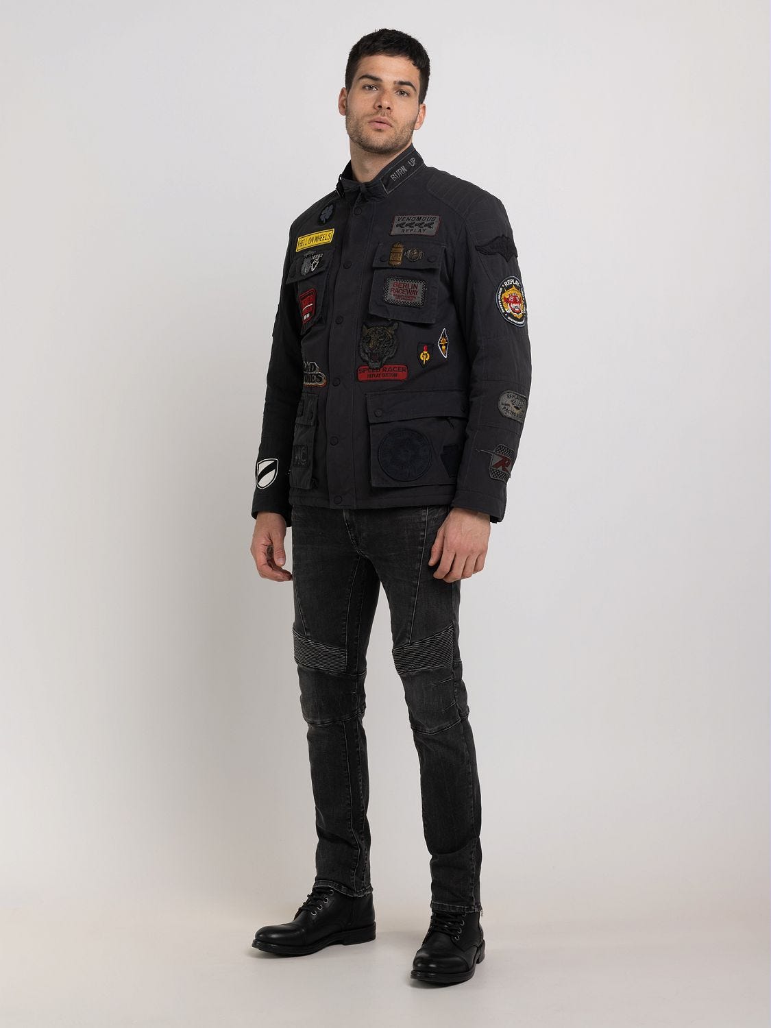 Biker jacket in waxed nylon with riders patch
