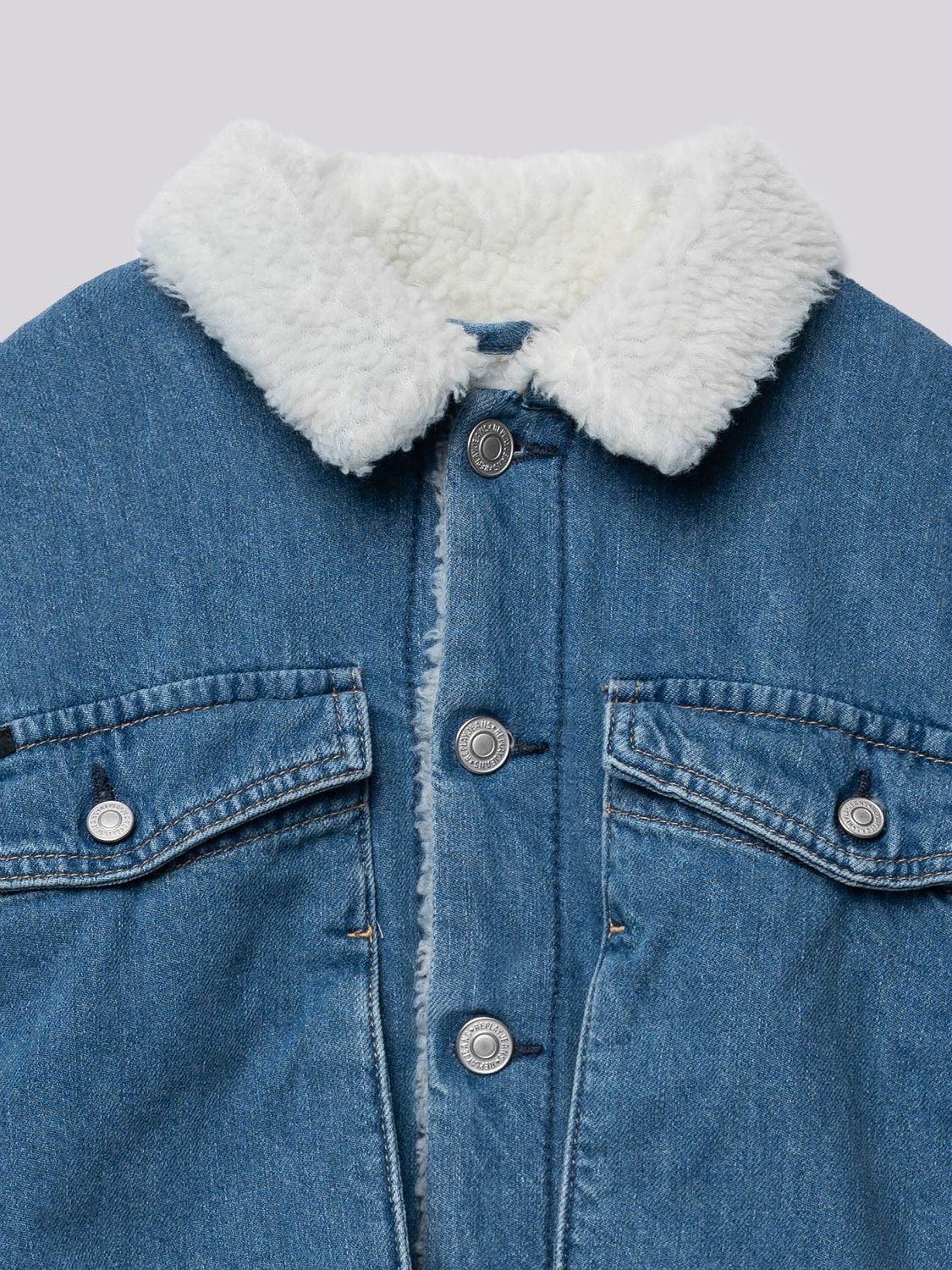 Jean jacket with fur and patches clearance