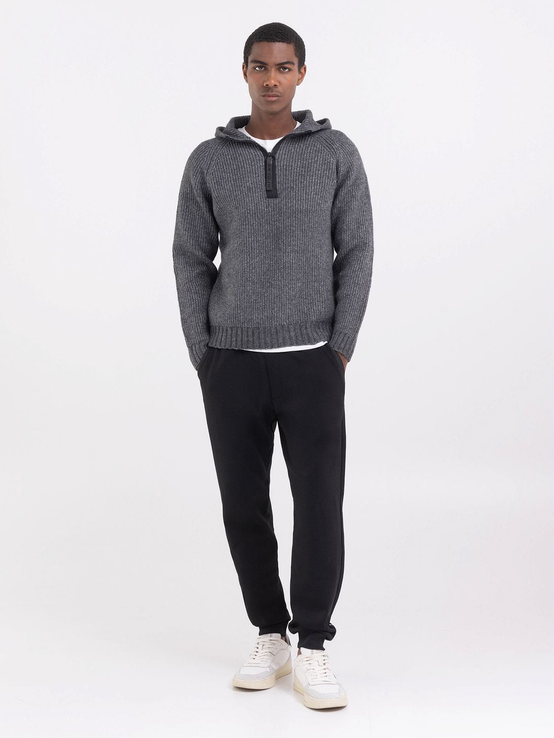 Sweater with hood and half zipper