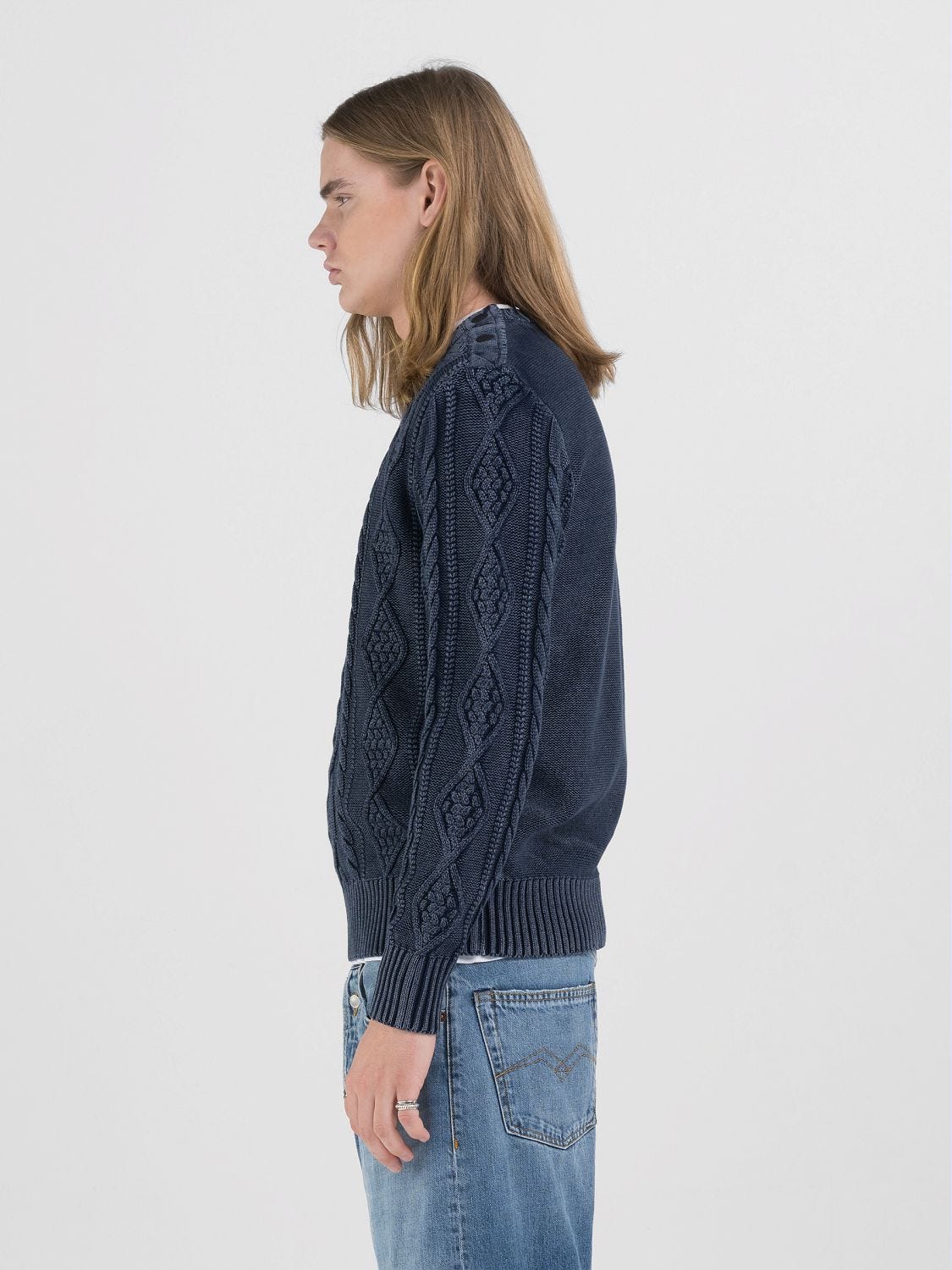 Blue cable knit sweater deals