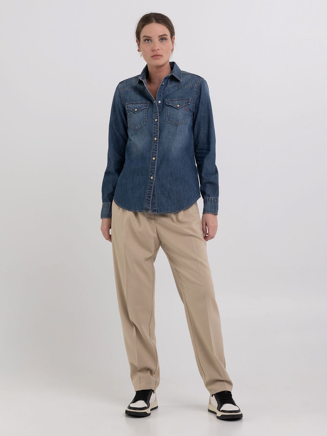 Khaki denim shirt womens sale
