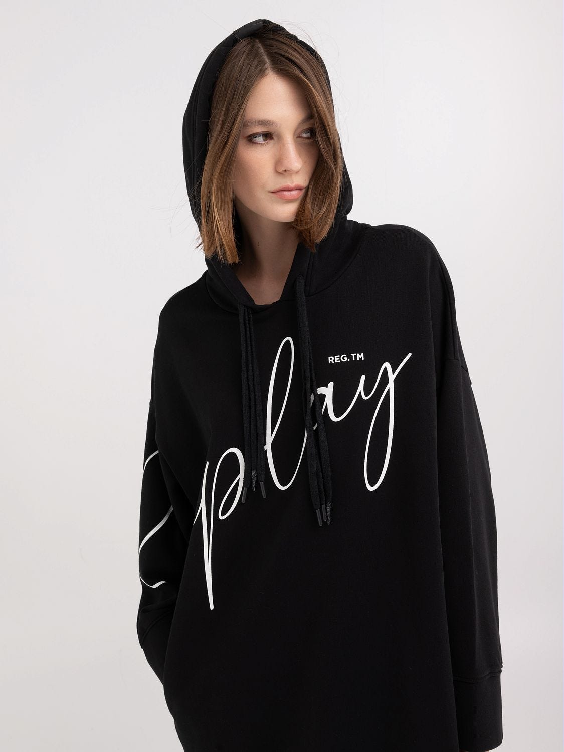 Maxi sweatshirt dress with hood and print