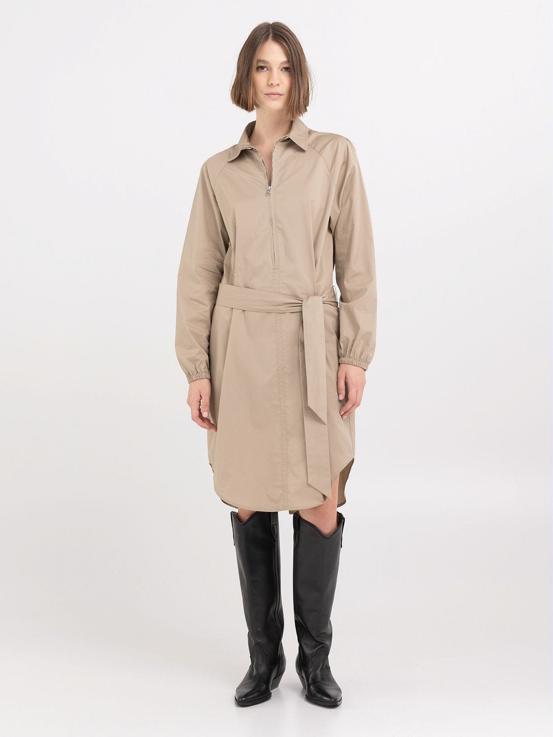 Shirt dress with zipper and belt