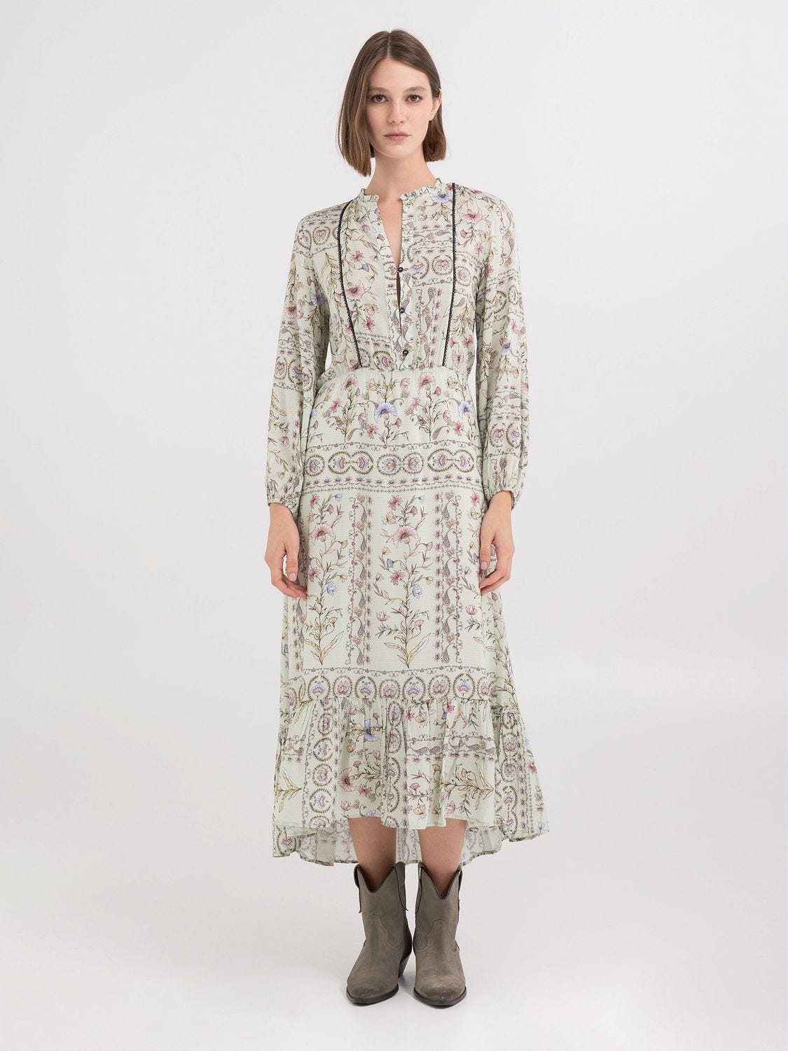 Long dress with frill in viscose satin
