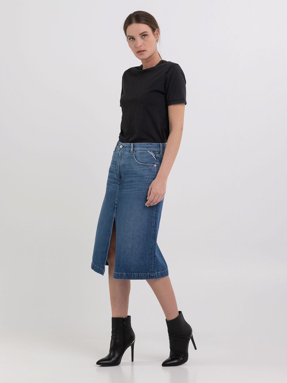 Knee length denim sales skirt 9mm