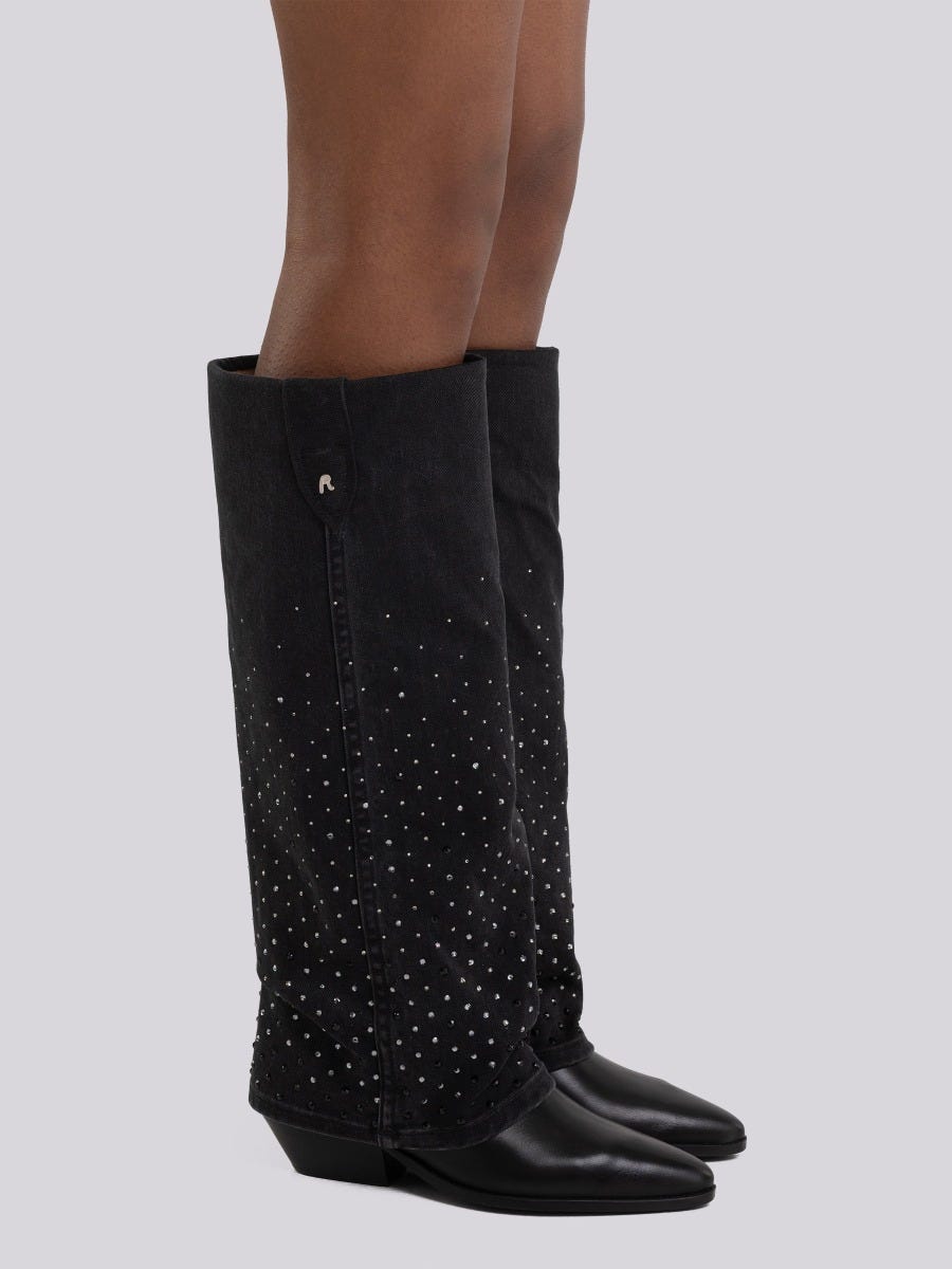 Leather boots with denim calfskin embellished with Swarovski crystals
