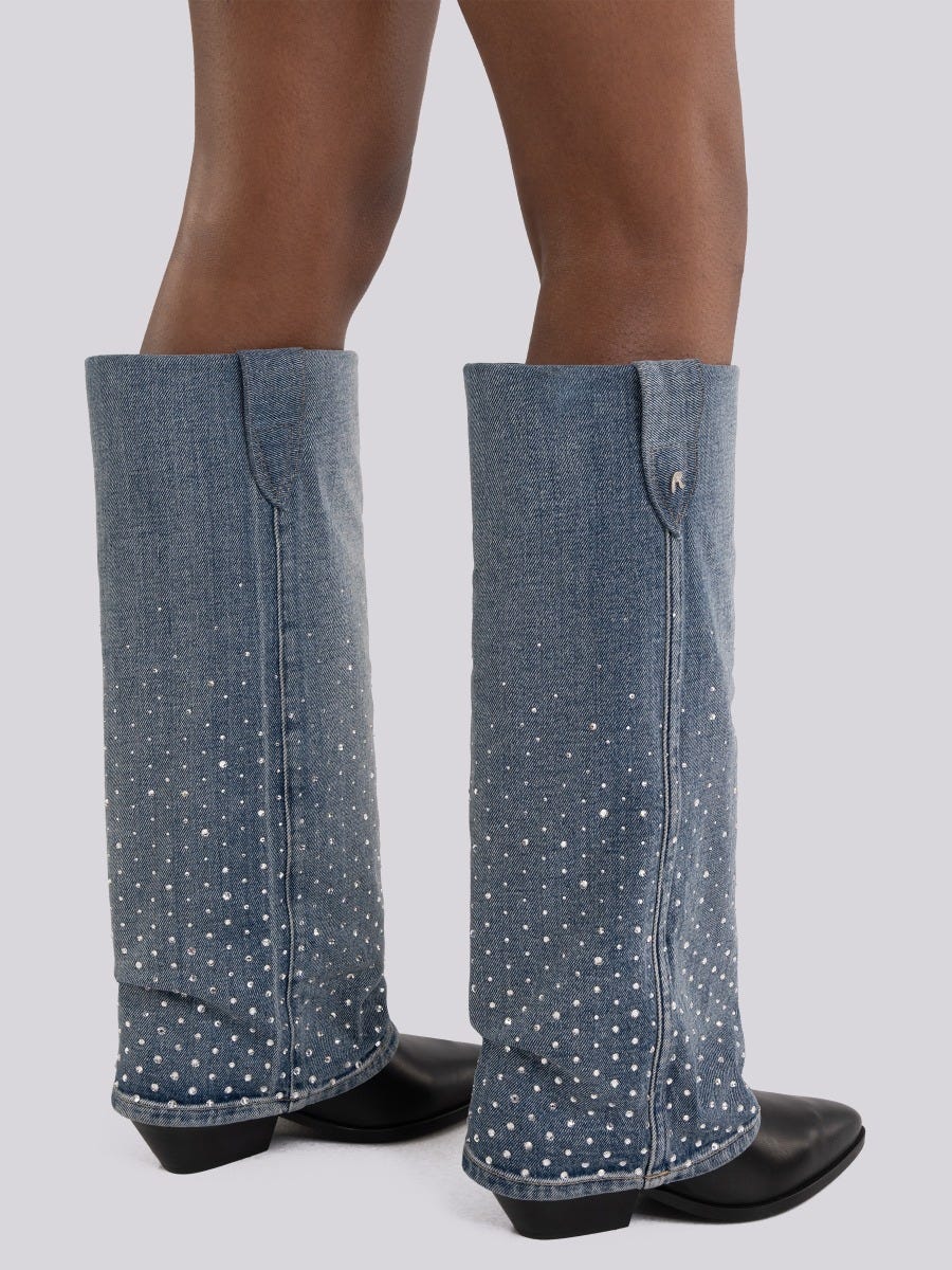 Leather boots with denim calfskin embellished with Swarovski crystals