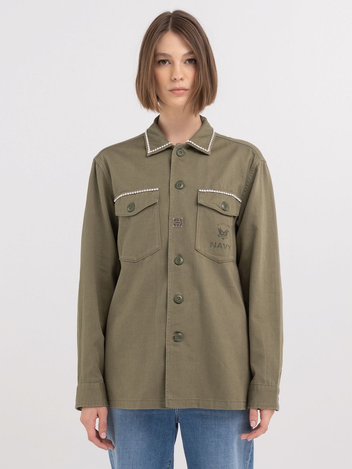 Boy fit overshirt with rhinestones