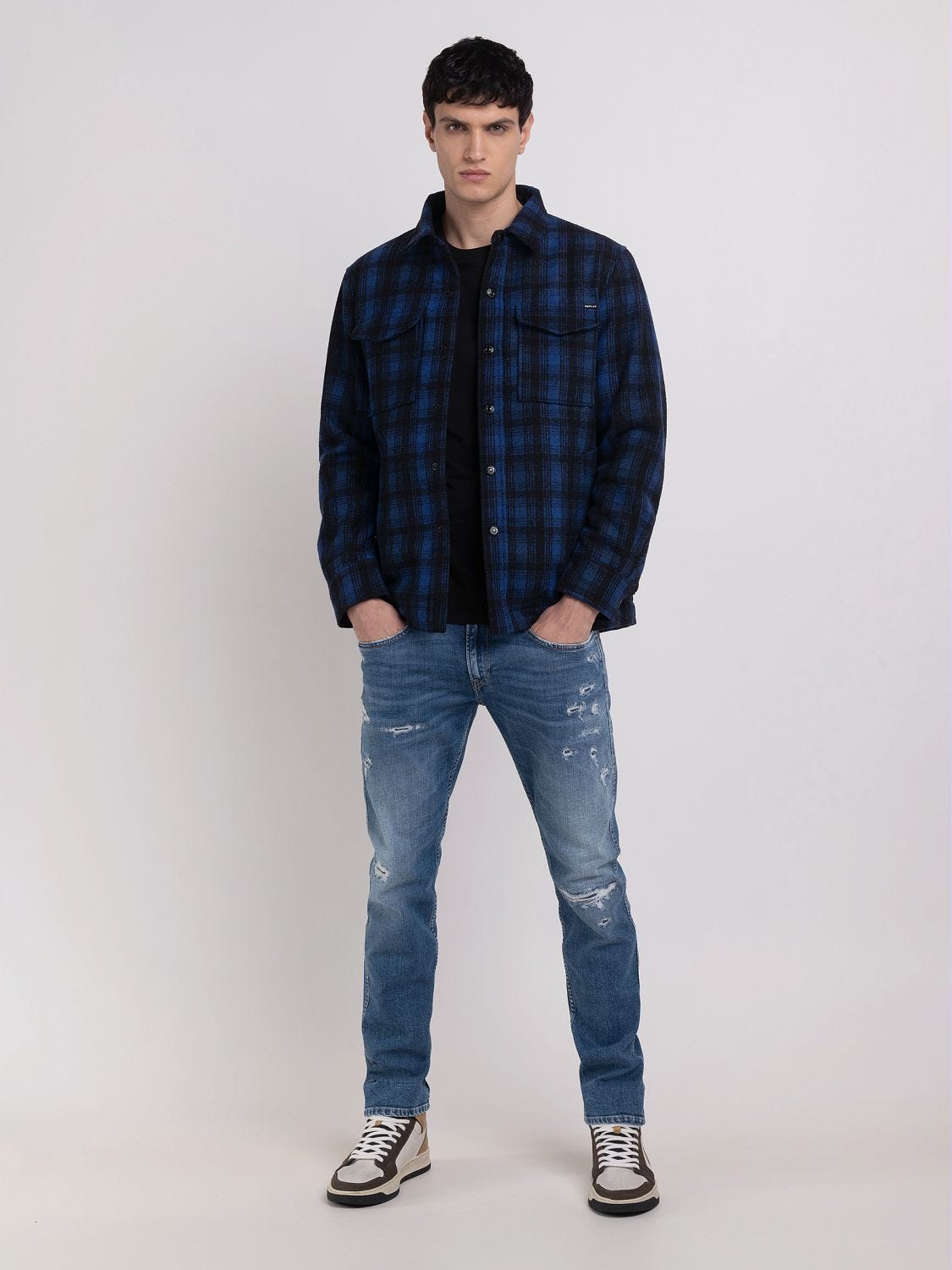 Overshirt in checked wool and viscose