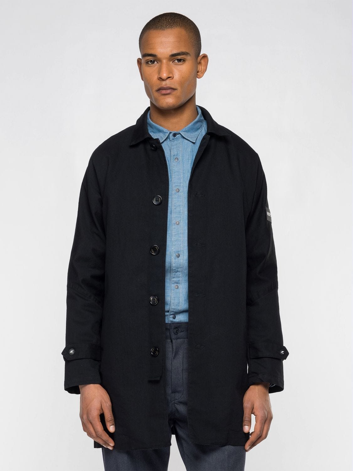 Mens black hot sale denim trench coat