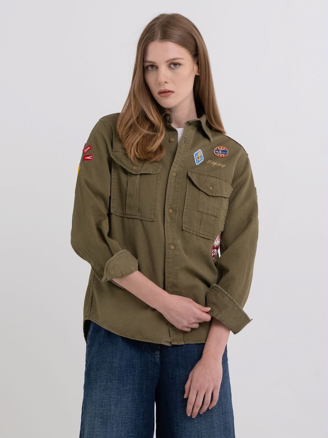 Military shirt jacket womens top