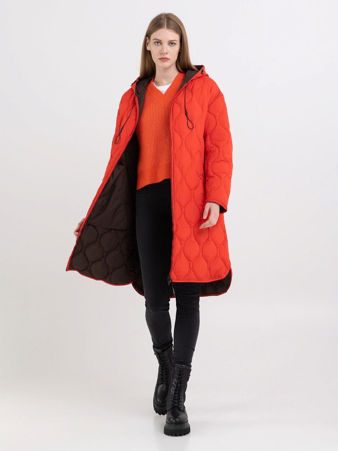 Long red hot sale quilted coat