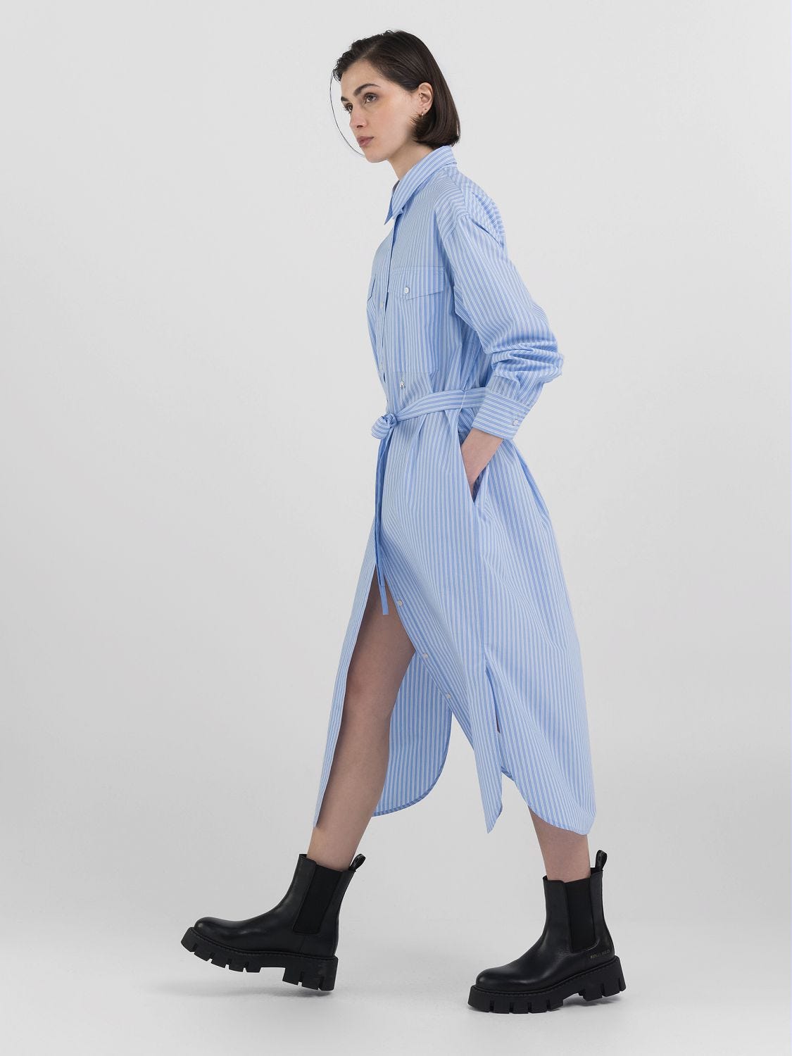 STRIPED MIDI SHIRT DRESS