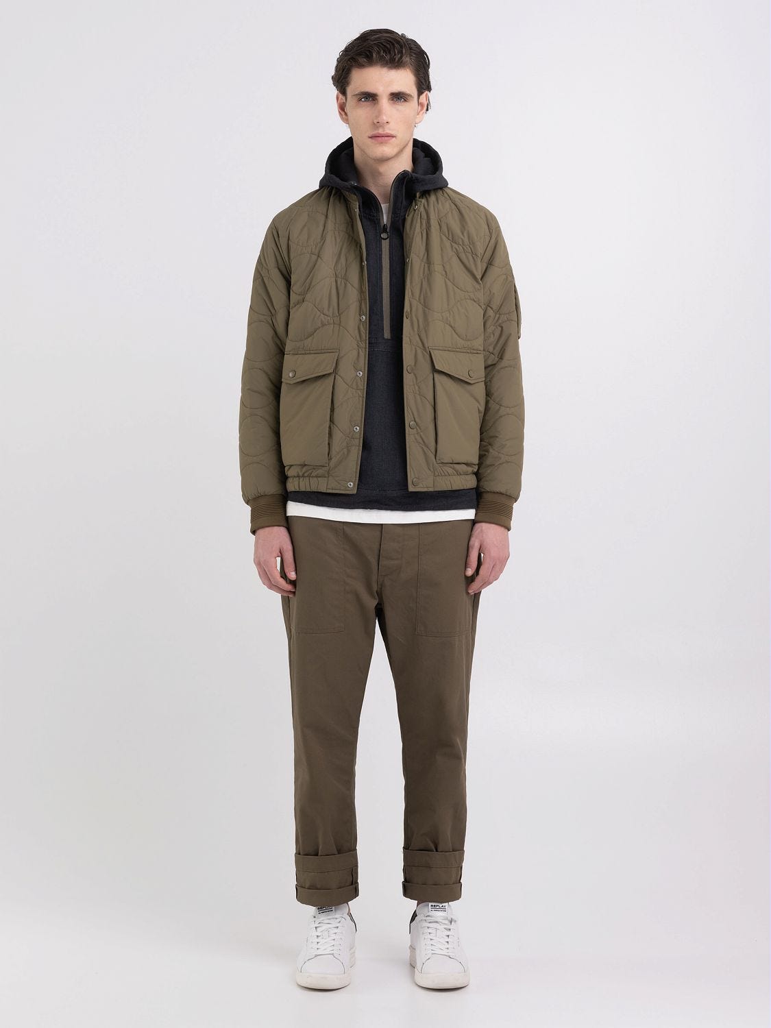 Men's short hooded zippered sales quilted cotton twill jacket