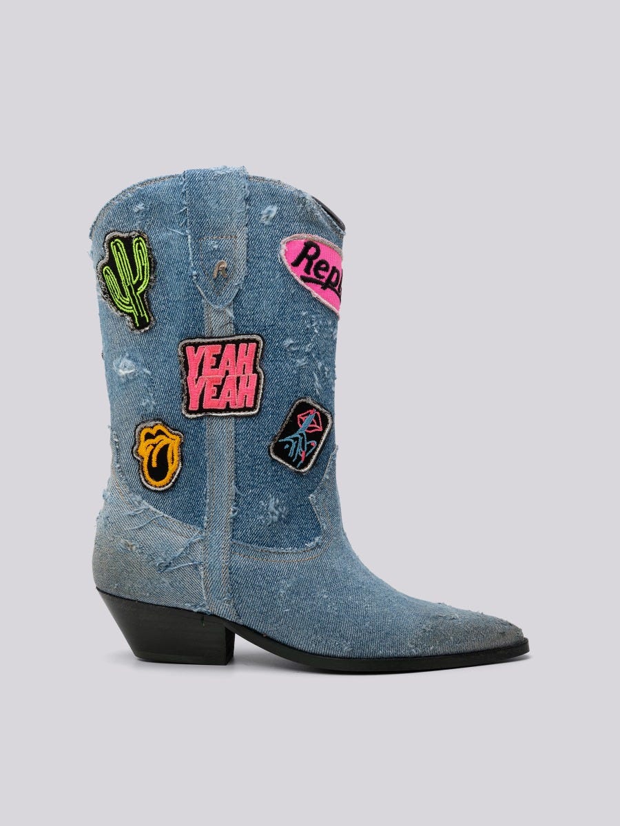 Nymes Patch cowboy boots in washed cotton