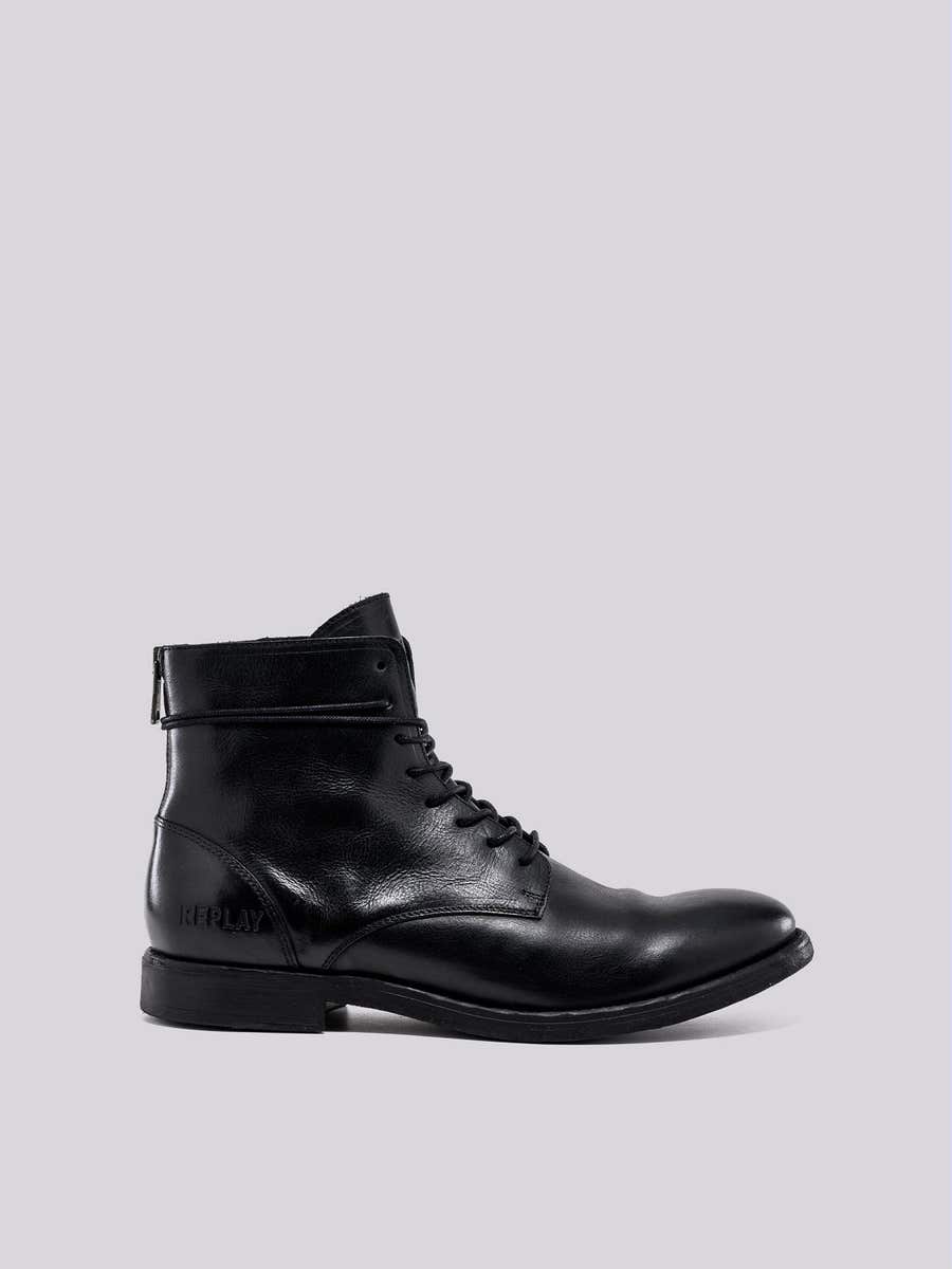 REPLAY Mid-cut BOOSTER leather ankle boots with laces GMC86 .000.C0008L BLACK 1