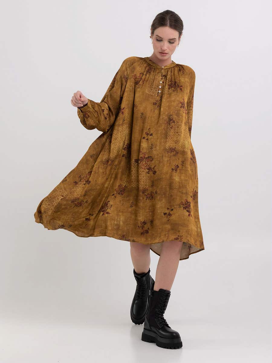 REPLAY Midi dress with all-over print W9060 .000.74060 MUSTARD/CREAM 1
