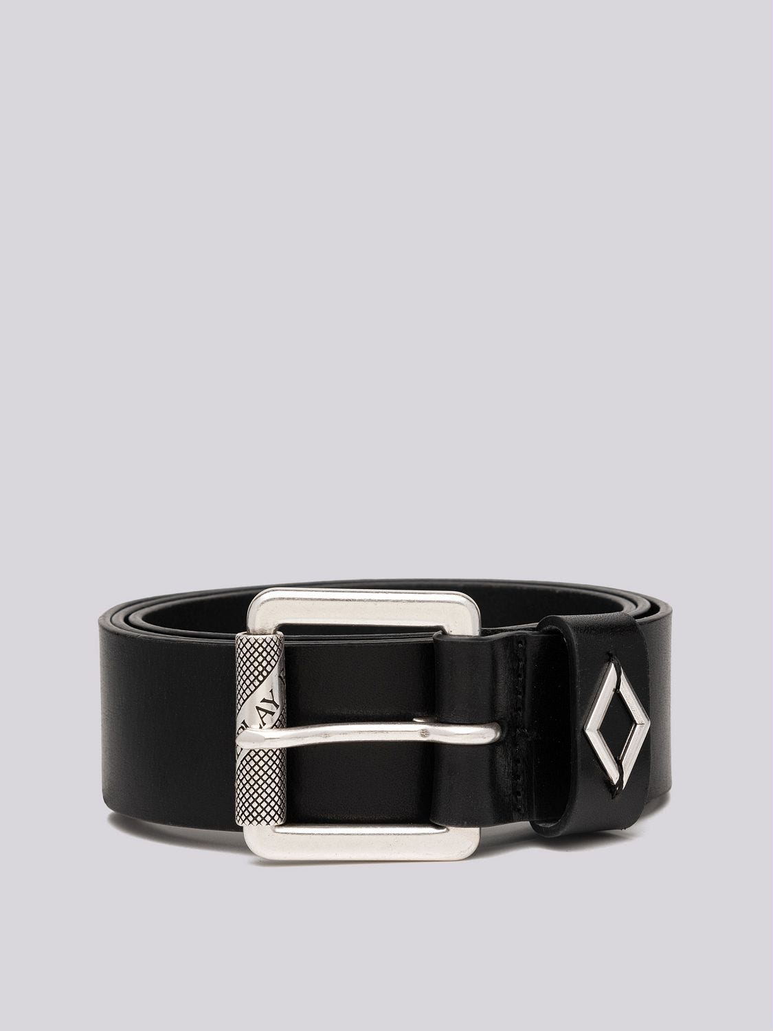 Leather belt with diamond shaped logo