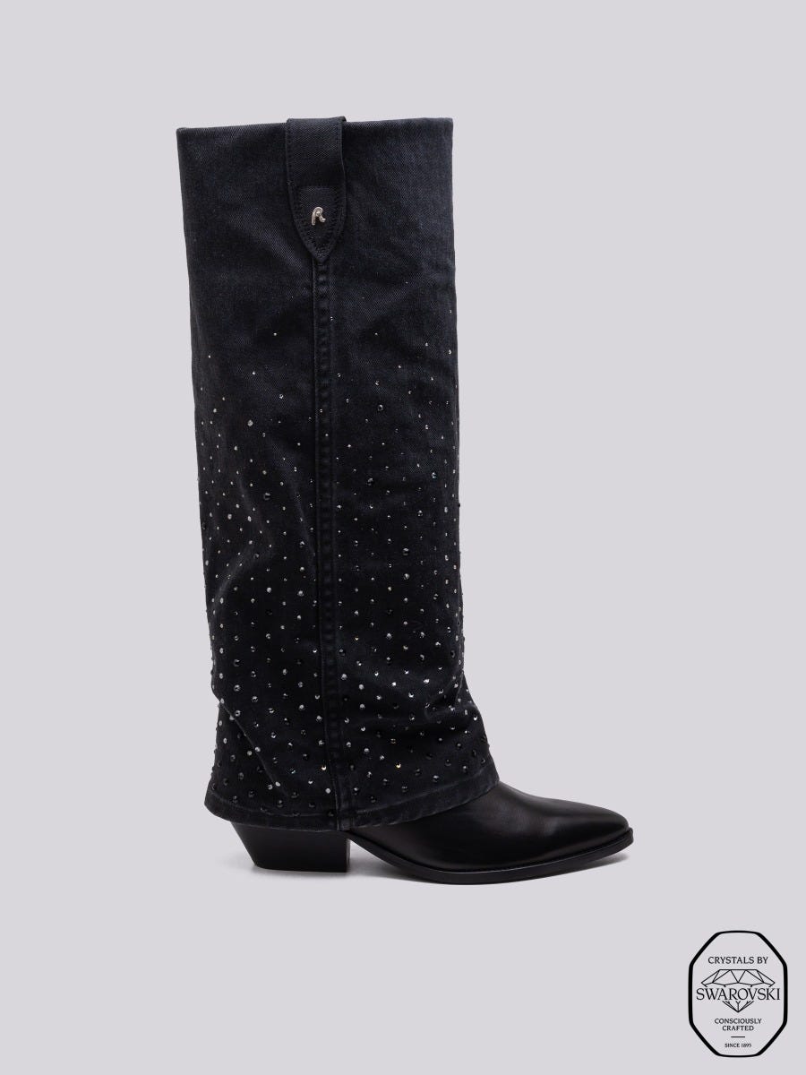 Leather boots with denim calfskin embellished with Swarovski crystals