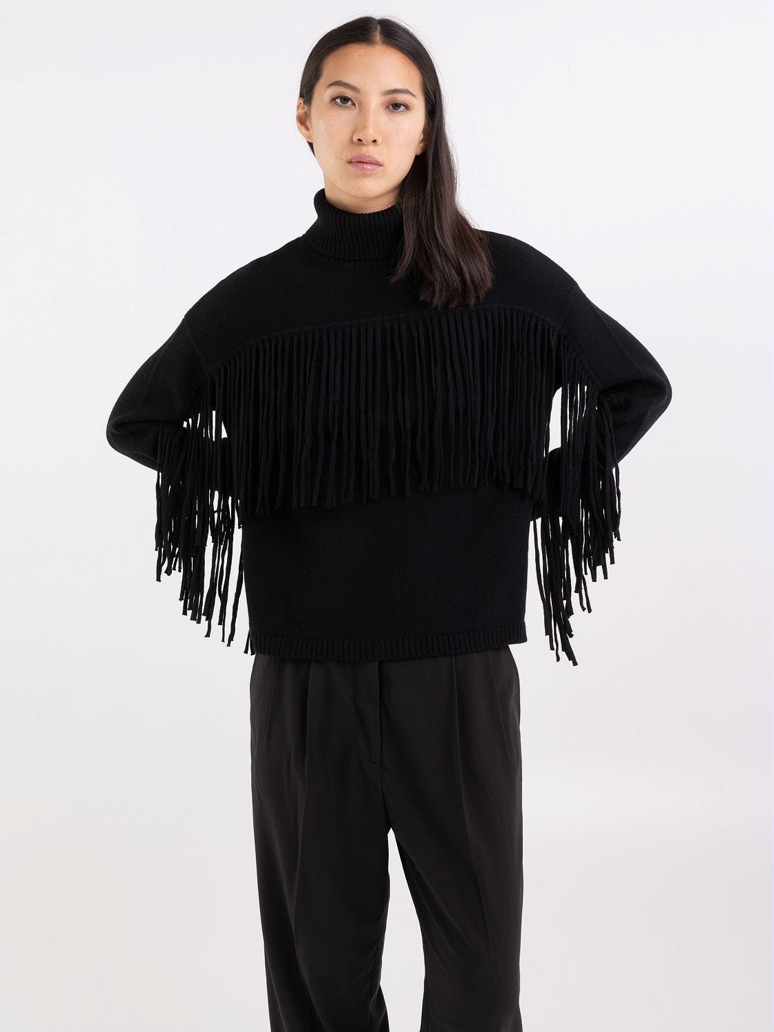 High neck sweater with fringes