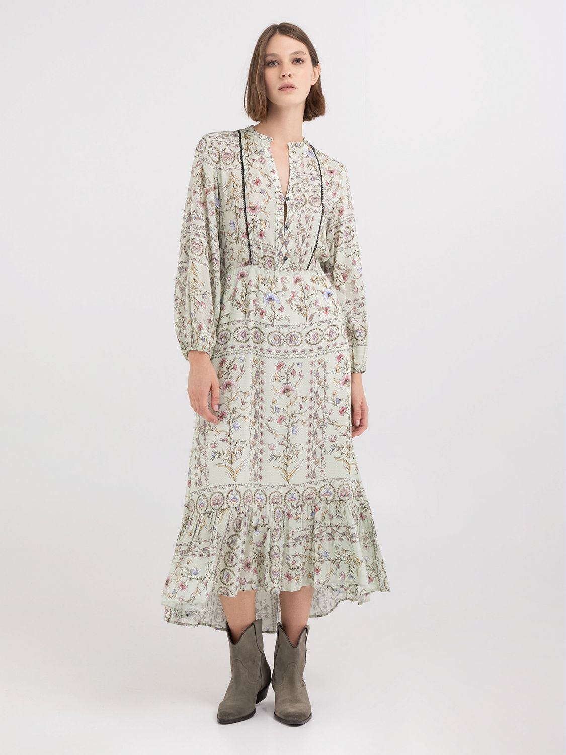 Long dress with frill in viscose satin