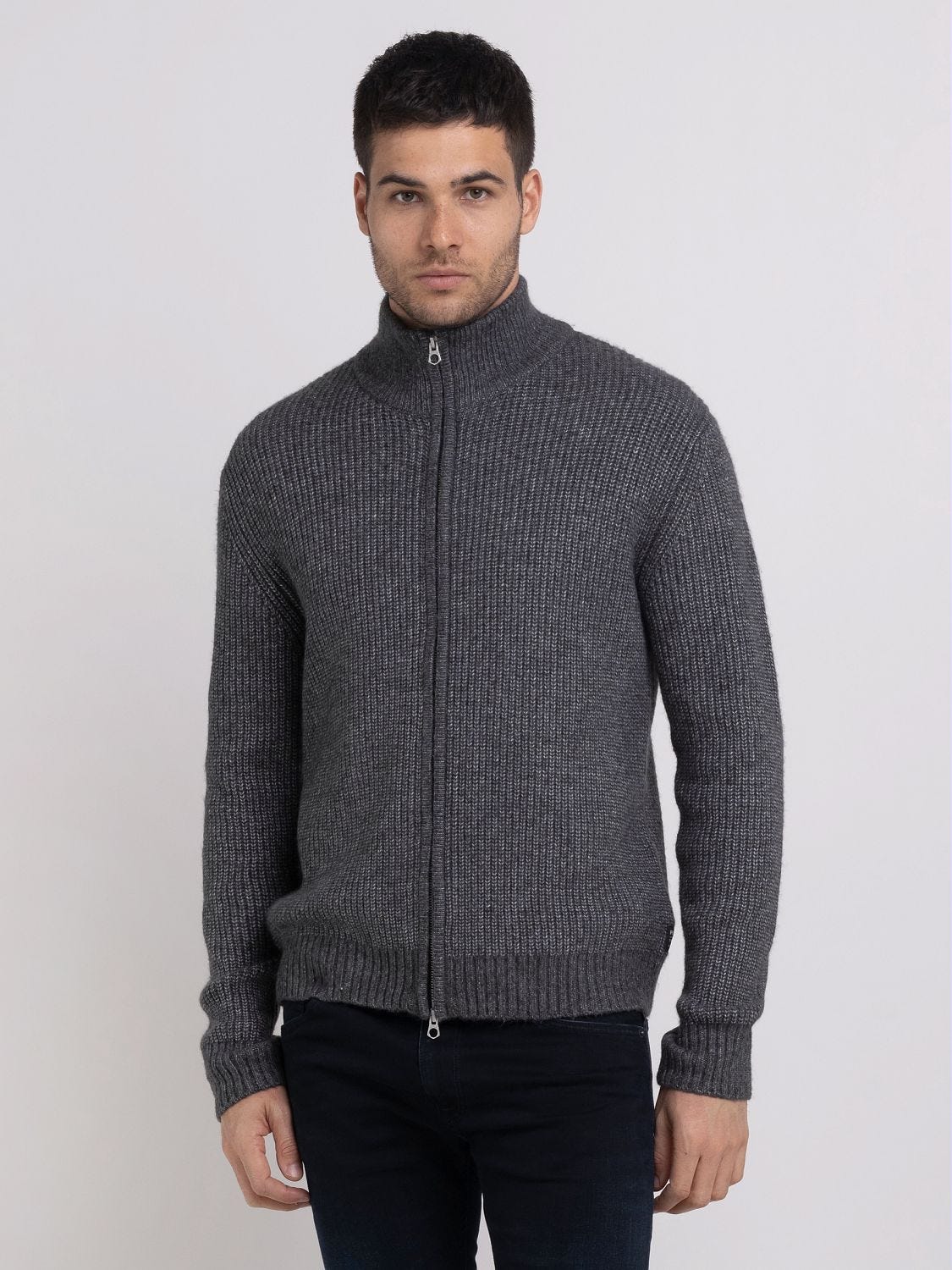 Band collar top zipper gingham sweaters