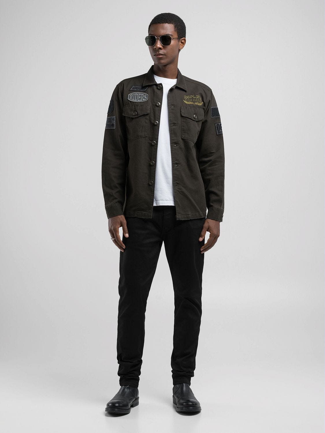 SHIRT JACKET WITH LETTERING AND APPLIQUES