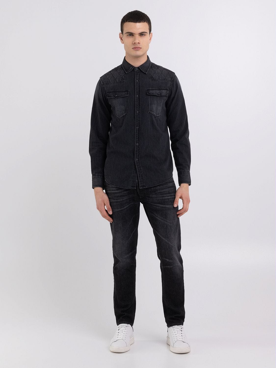 Denim shirt and black sale jeans