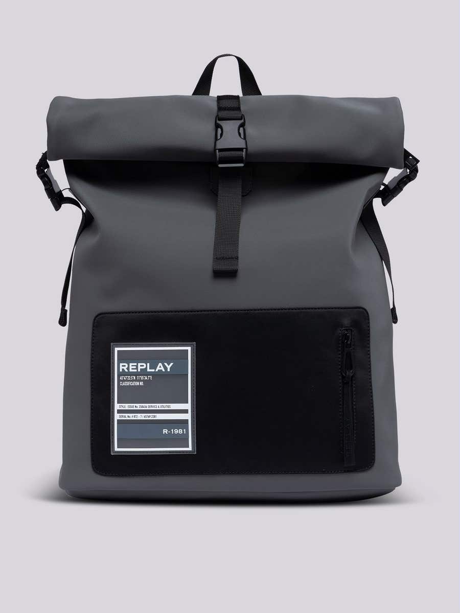 REPLAY Solid-coloured backpack with flap FM3647.000.A0313 GREY BLACK 1