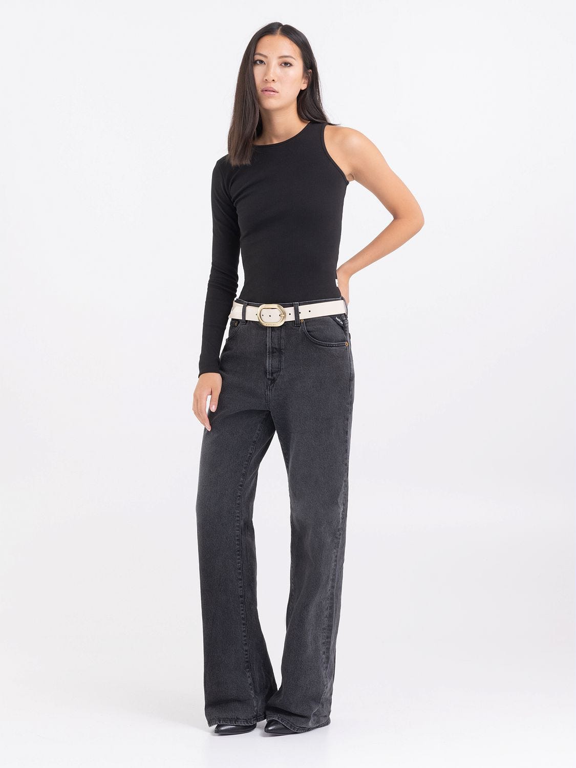 One shoulder black shirt sales